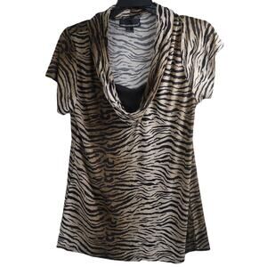 Isabella Rodriguez tiger print Large retro short sleeve ruffled women top L
